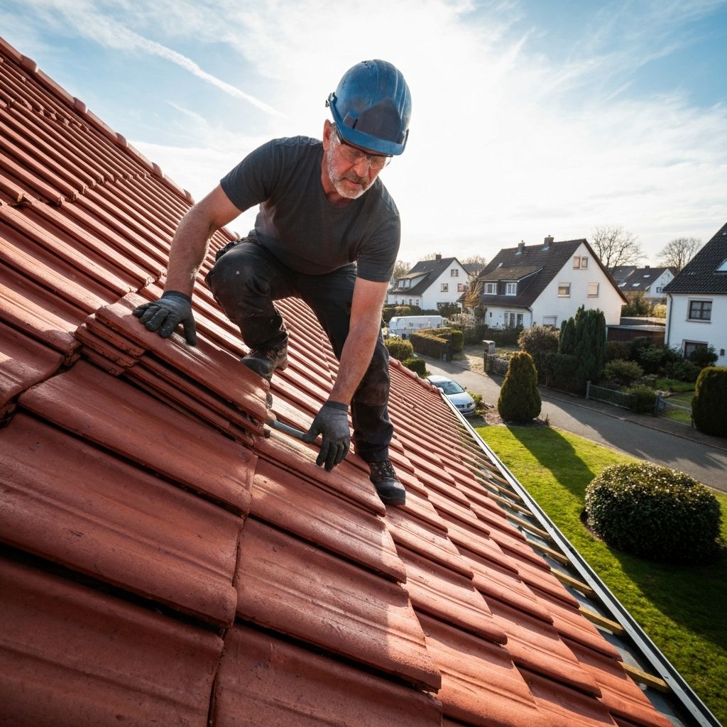 Professioneller Dachdecker bei der Arbeit an einem Steildach