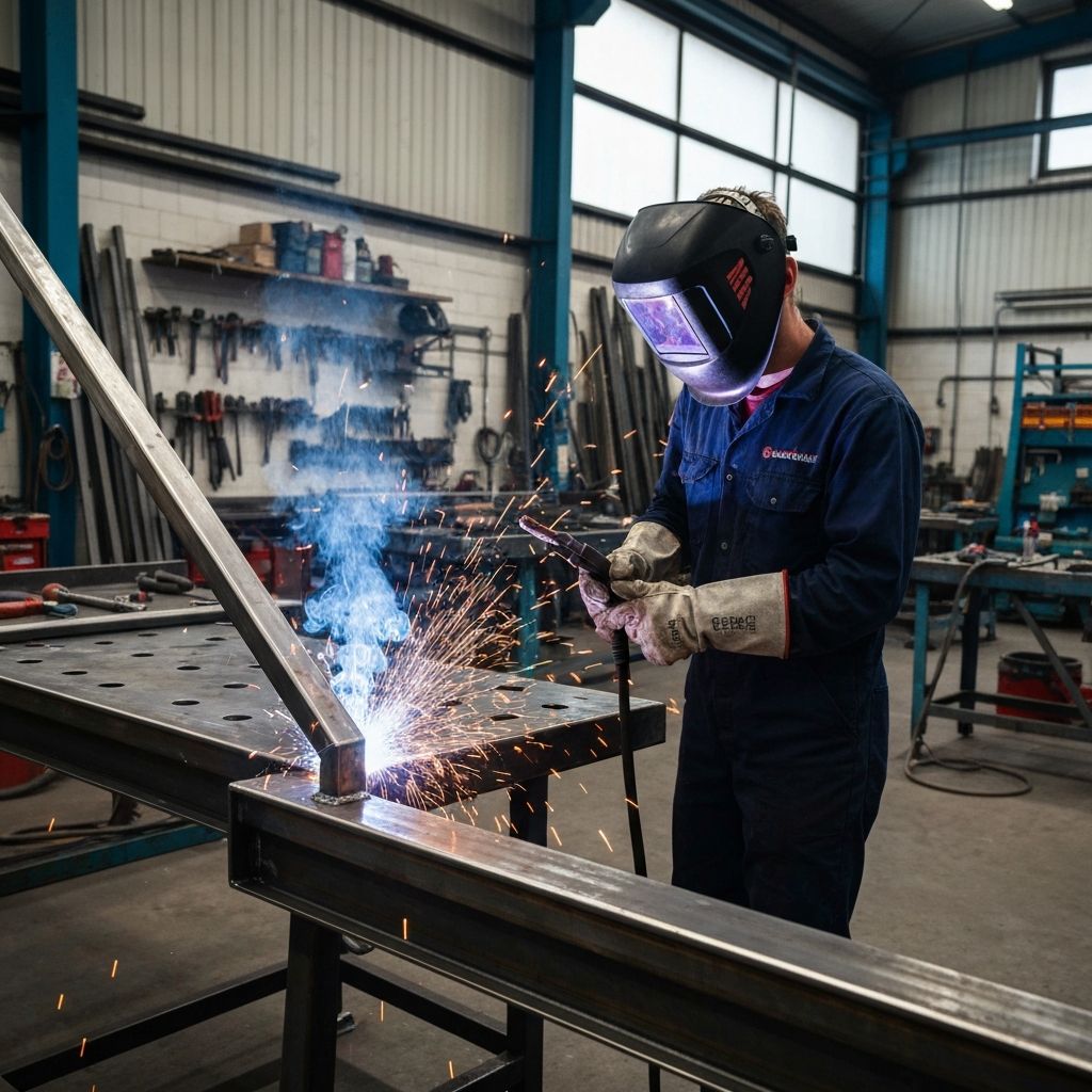 Metallbauer beim Schweißen einer Stahlkonstruktion